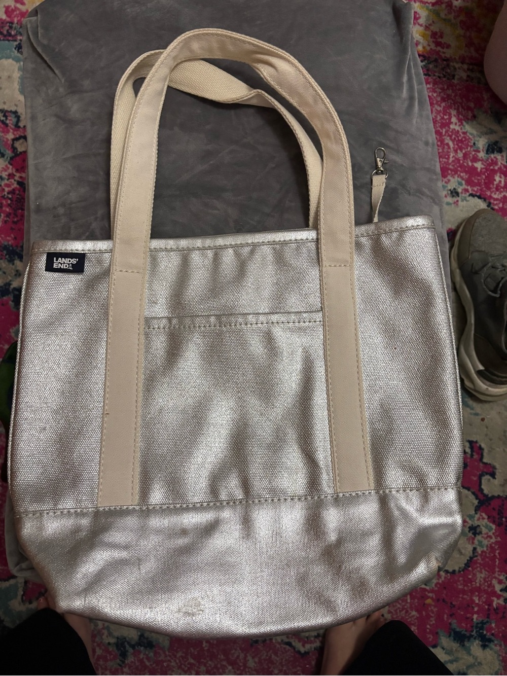 Lands' End Silver Canvas Tote with Cream Handles